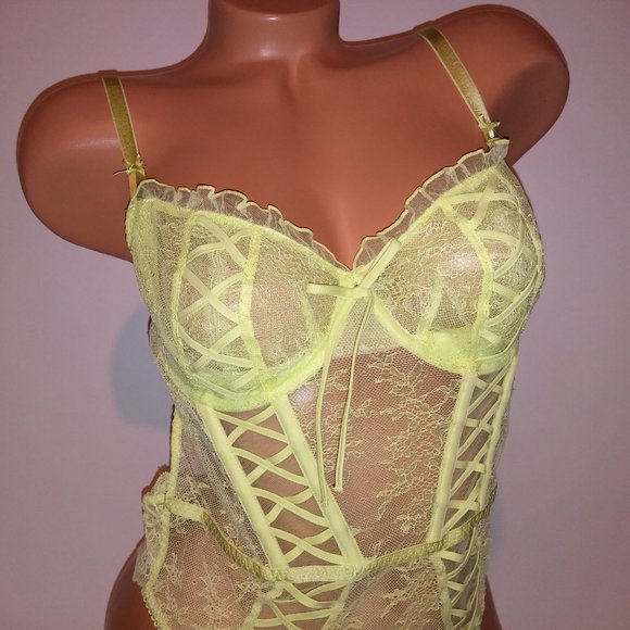 Victoria Secret Lingerie Teddy One Piece Bodysuit Yellow Wicked Lace Fairy Cotta - Picture 13 of 16